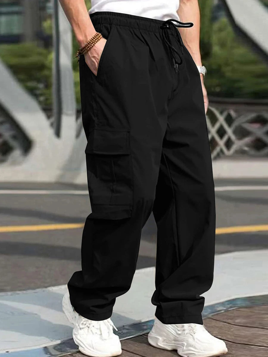 Men s Loose Cargo Long Pants Drawstring Waist