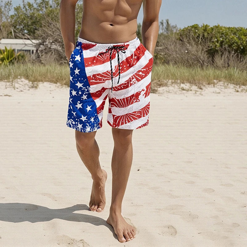 Men s Patriotic American Flag Print Elastic Waist Shorts
