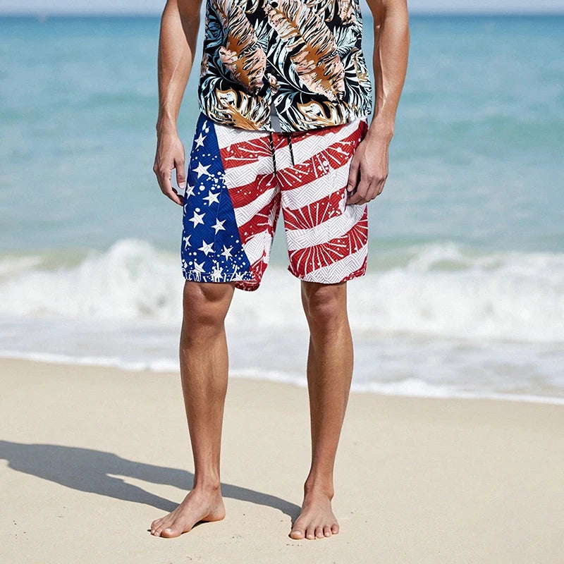 Men s Patriotic American Flag Print Elastic Waist Shorts