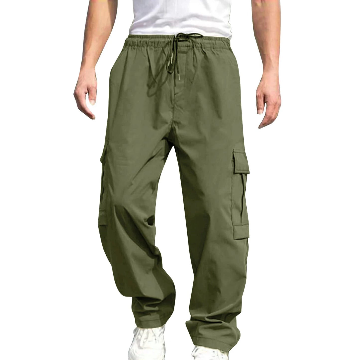 Men s Loose Cargo Long Pants Drawstring Waist