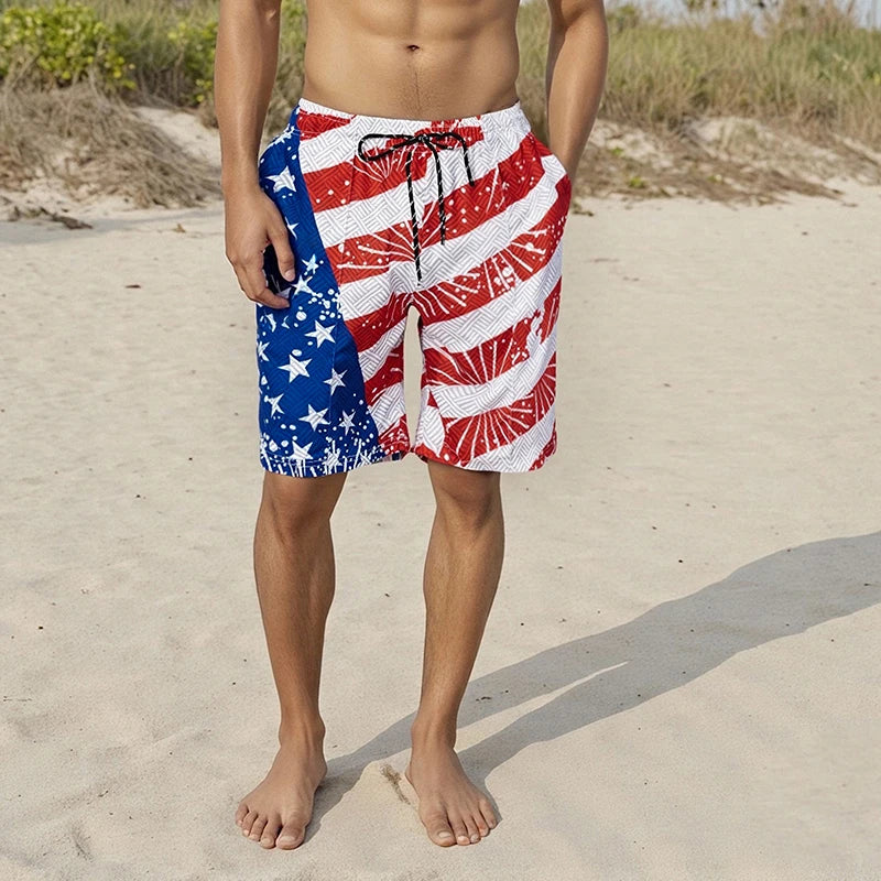 Men s Patriotic American Flag Print Elastic Waist Shorts
