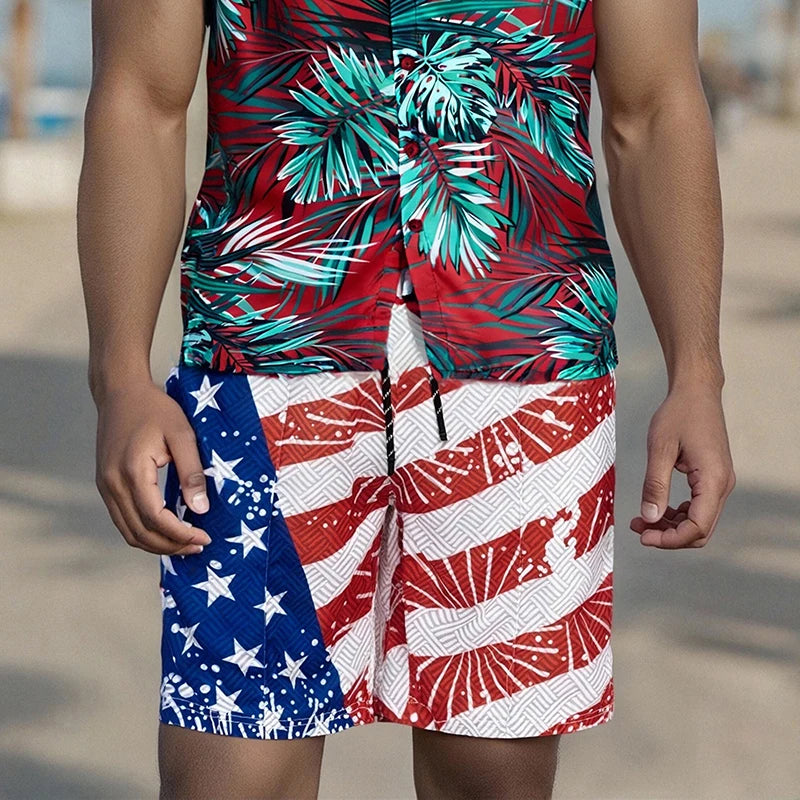 Men s Patriotic American Flag Print Elastic Waist Shorts