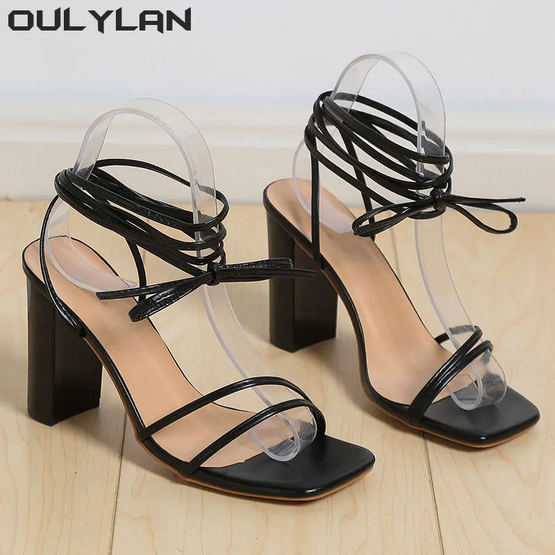 White Black Woman Ankle Strap Sandals Leather Cross-Tied