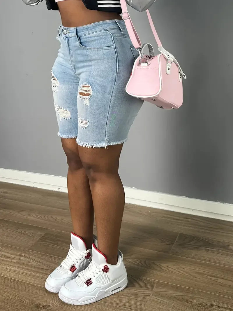 Light Blue Ripped Stretch Short Jeans