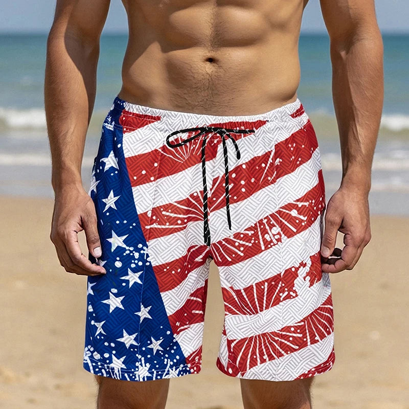 Men s Patriotic American Flag Print Elastic Waist  Shorts