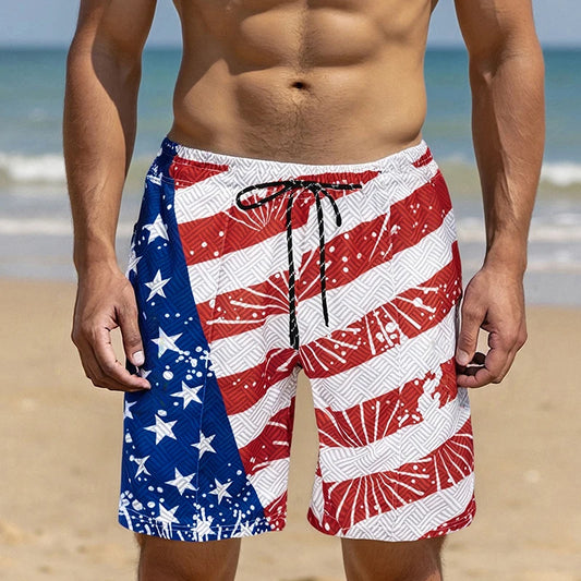 Men s Patriotic American Flag Print Elastic Waist  Shorts