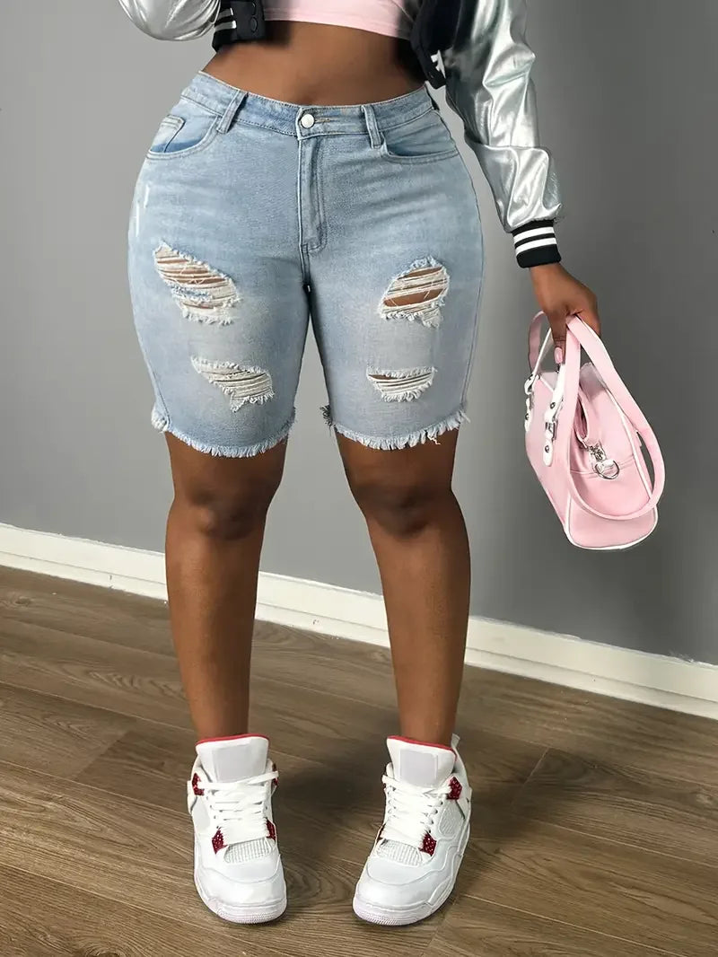 Light Blue Ripped Stretch Short Jeans