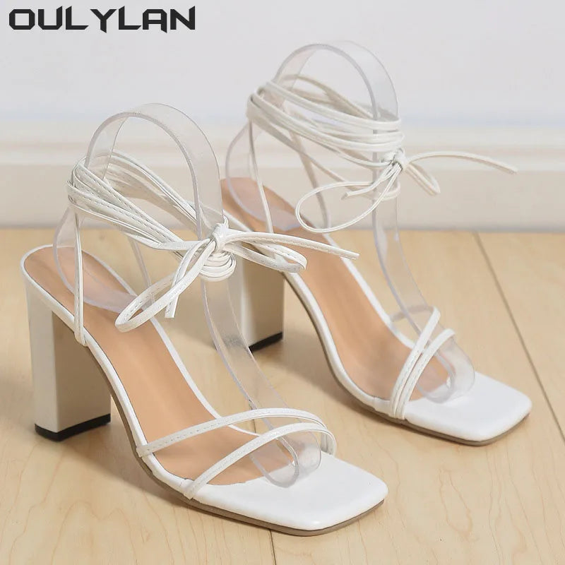 White Black Woman Ankle Strap Sandals Leather Cross-Tied