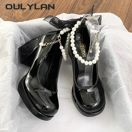 Women High Heels Elegant Bow Square Toe