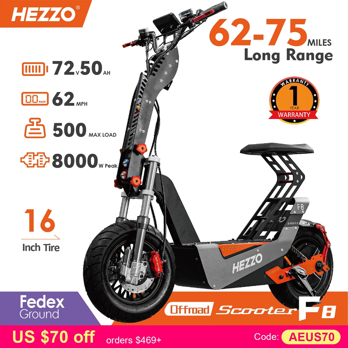 Electric Scooter 16 Inch Foldable Long Range Off Road
