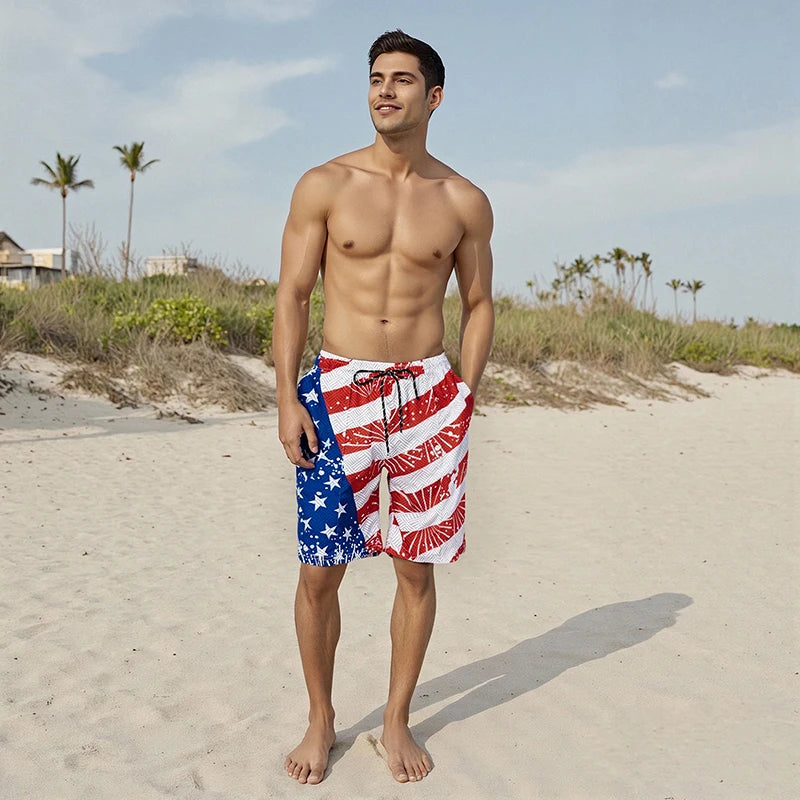 Men s Patriotic American Flag Print Elastic Waist  Shorts