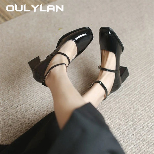 Women's Thick Heel Shoes High Quality Leather